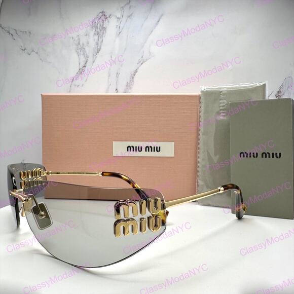New MIU MIU Logo Sunglasses 2025 Runway Gold Slim Skinny Wrap Rimless Italy main image 6